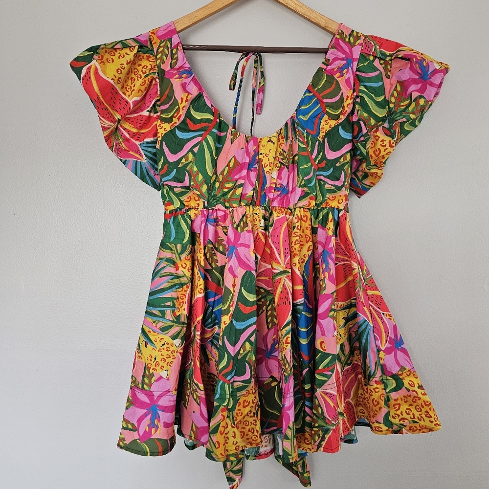 Shein fit and flare tropical print mini dress V neck open back animal print M